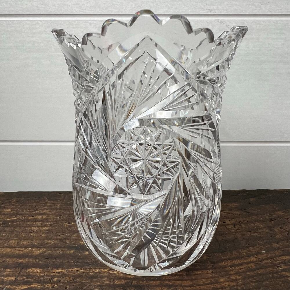 American Brilliant Vintage Pinwheel Cut Glass Small Vase 4.5"